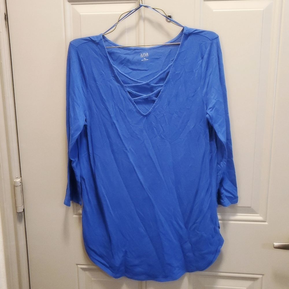 Blue Long-Sleeve Top with Crisscross Neckline